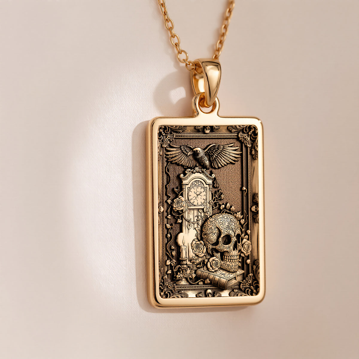 14K solid gold Skull Tarot Pendant necklace. Gothic Memento Mori style jewelry with skull design.