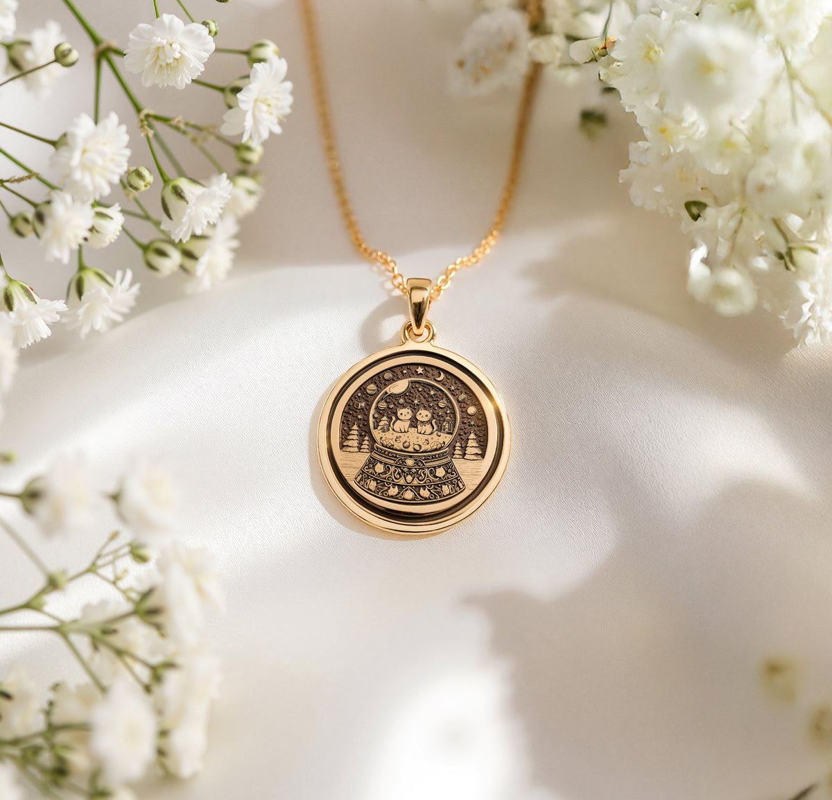 14K gold plated snow globe pendant with two cute cats. A unique, handcrafted coin-style medallion, perfect as a personalized gift for cat lovers and winter jewelry enthusiasts.