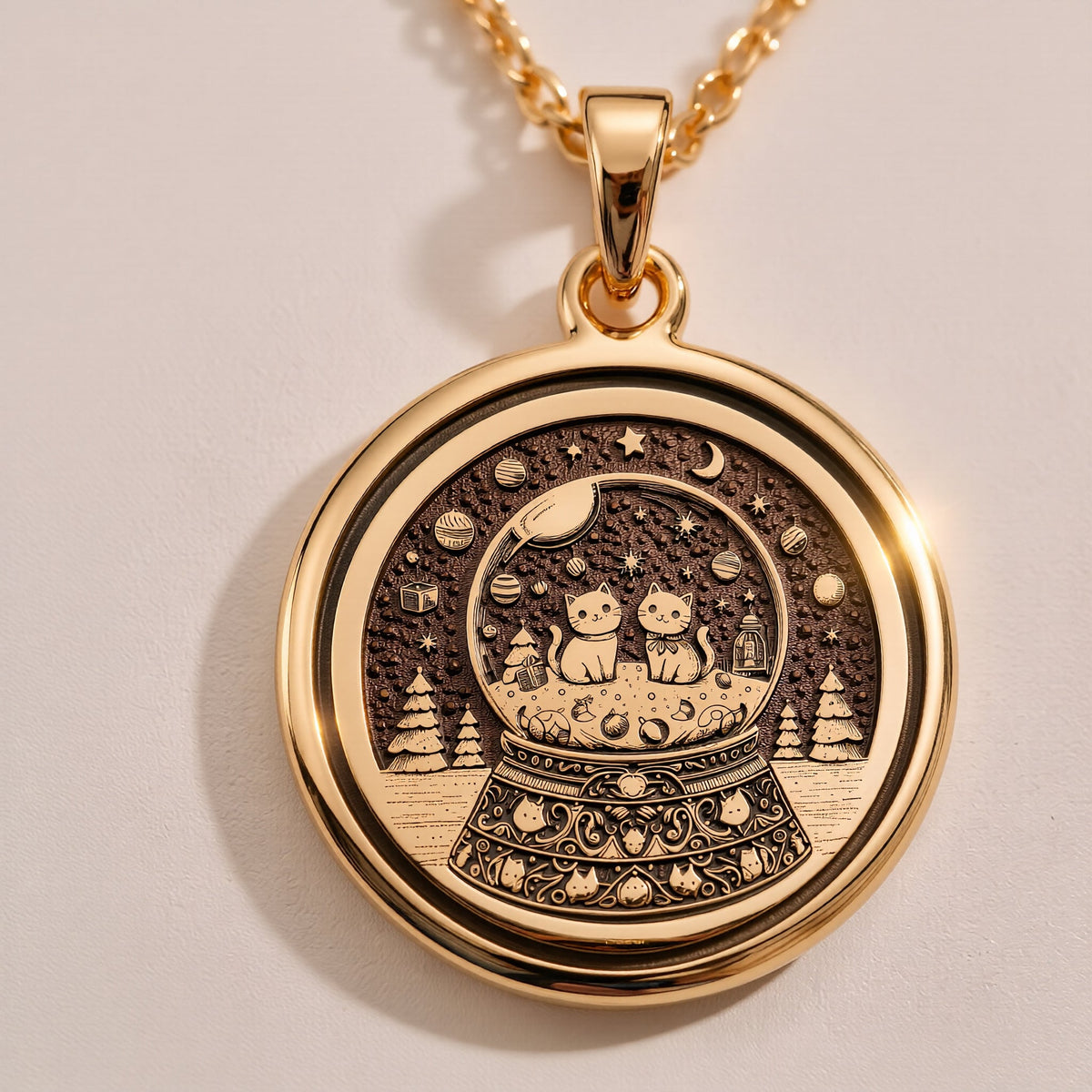 Rose gold plated snow globe pendant featuring two cats in a whimsical coin-style medallion. Handmade and elegant, perfect gift for cat lovers and special occasions.