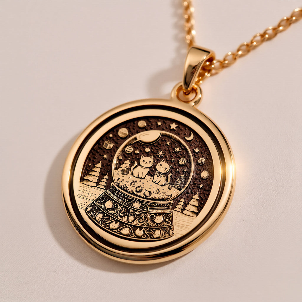 Rose gold plated snow globe pendant featuring two cats in a whimsical coin-style medallion. Handmade and elegant, perfect gift for cat lovers and special occasions.