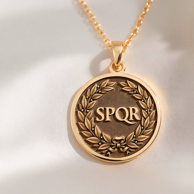 14K solid gold Roman laurel wreath pendant with SPQR design. Perfect gift for ancient mythology and history buffs.