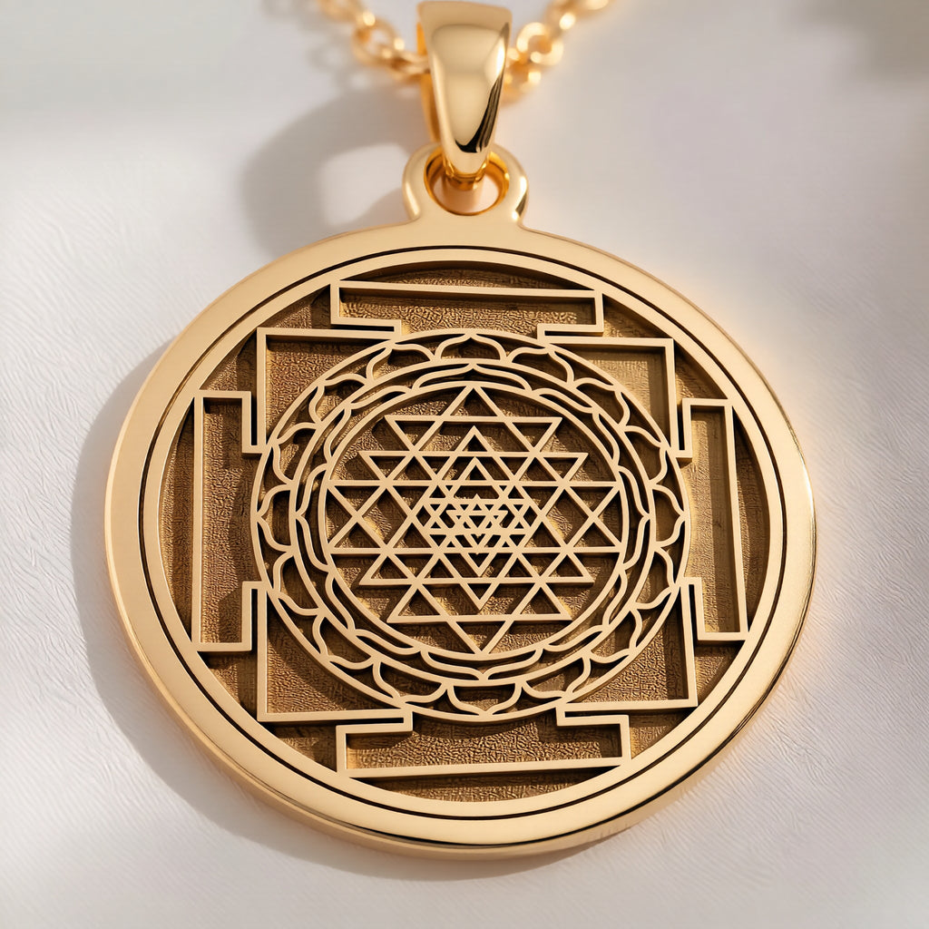 14K Solid Gold Sri Yantra Mandala Pendant — macro close-up of sacred geometry engraving