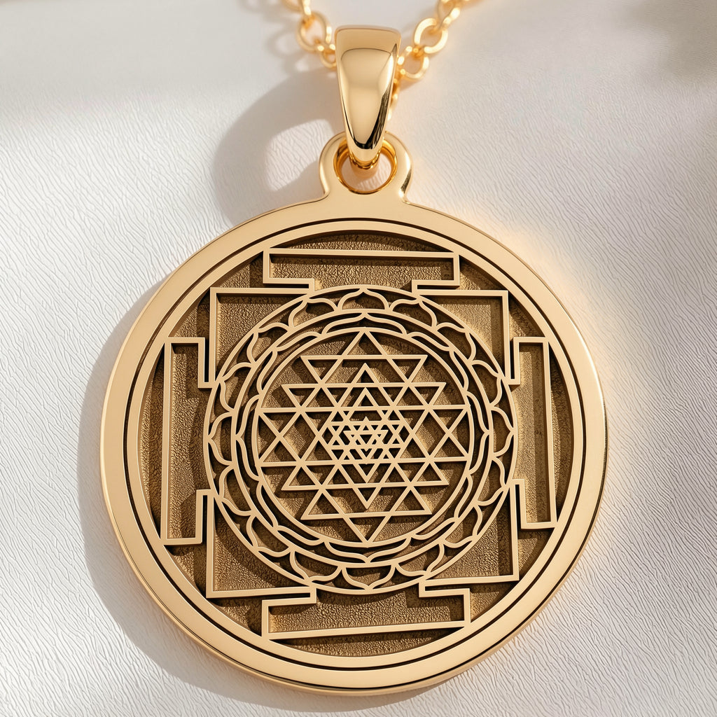 14K Solid Gold Sri Yantra Mandala Disc Necklace — full pendant and gold chain view