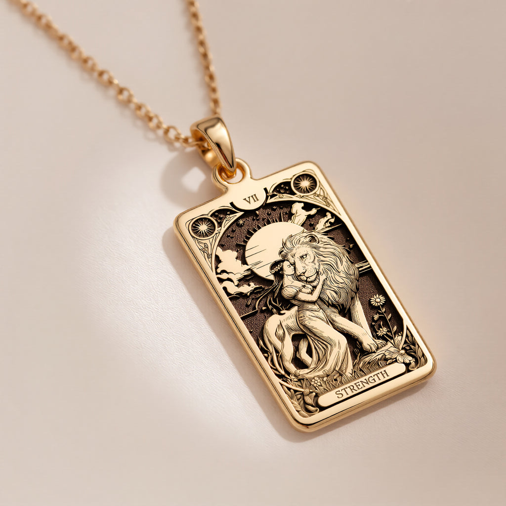 Strength Tarot Card Necklace | 14K Solid Gold - Inner Power Charm Astrological Sign