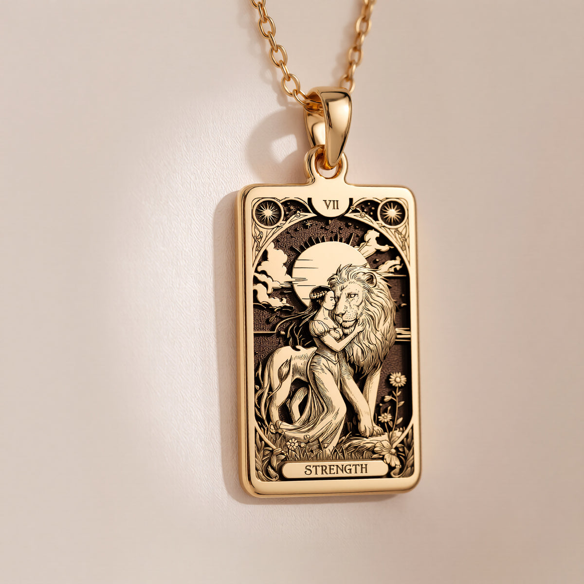 Strength Tarot Card Necklace | 14K Solid Gold - Inner Power Charm Astrological Sign