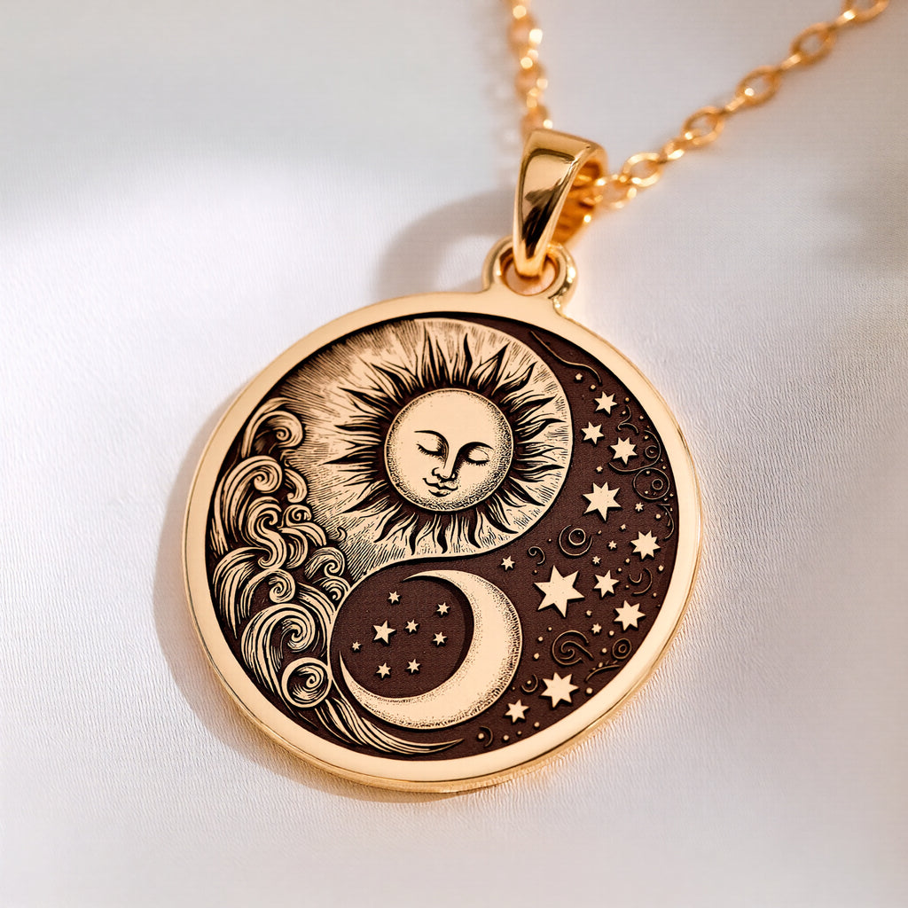 14K solid gold Celestial Sun Moon Yin Yang Pendant: round  celestial sun moon yin yang ...