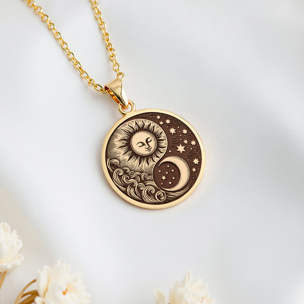 14K solid gold Celestial Sun Moon Yin Yang Pendant: round  celestial sun moon yin yang ...