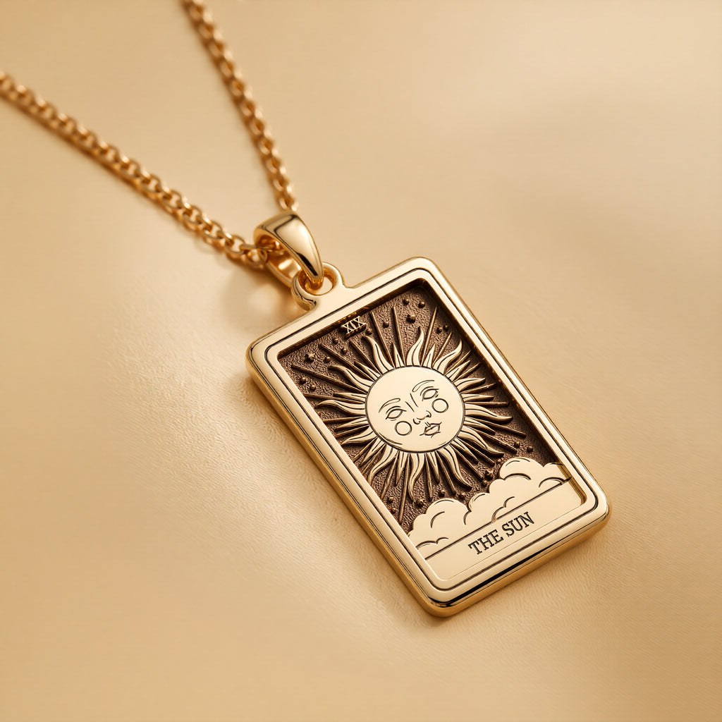 Sun Tarot Major Arcana Pendant Necklaces Yellow gold sun and clouds pendant necklace with rectangular box frame