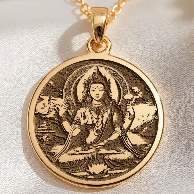 14K solid gold Green Tara Varada Mudra Amulet Necklace: round  of Green Tara Buddhist g...