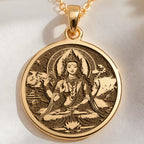 14K solid gold Green Tara Varada Mudra Amulet Necklace: round  of Green Tara Buddhist g...