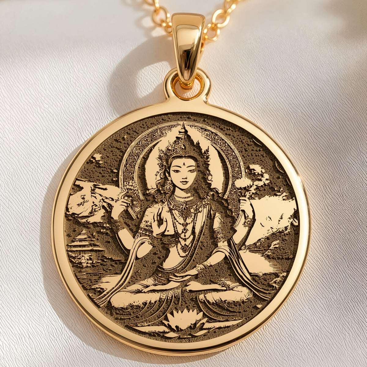 Green Tara Varada Mudra Amulet Necklace Necklaces 14K 14K Gold Plated round pendant featuring a seated spiritual figure design.