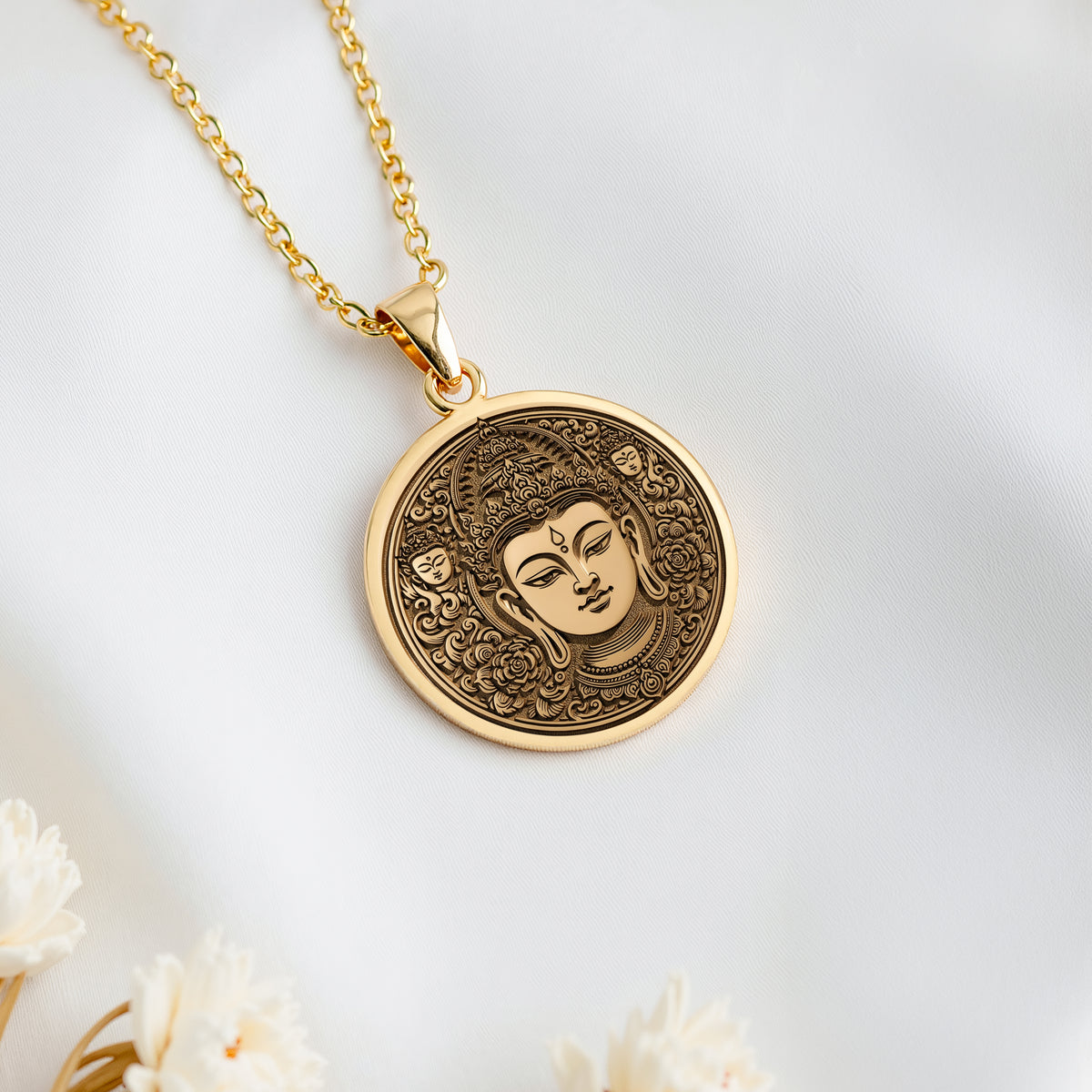 14K solid gold Green Tara Compassion Amulet Necklace: round  of Green Tara Bodhisattva ...