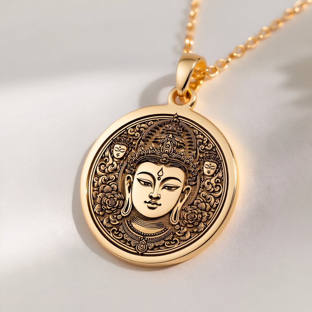 14K solid gold Green Tara Compassion Amulet Necklace: round  of Green Tara Buddhist bod...