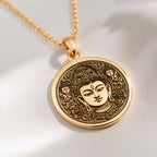 14K solid gold Green Tara Compassion Amulet Necklace: round  of Green Tara Buddhist bod...