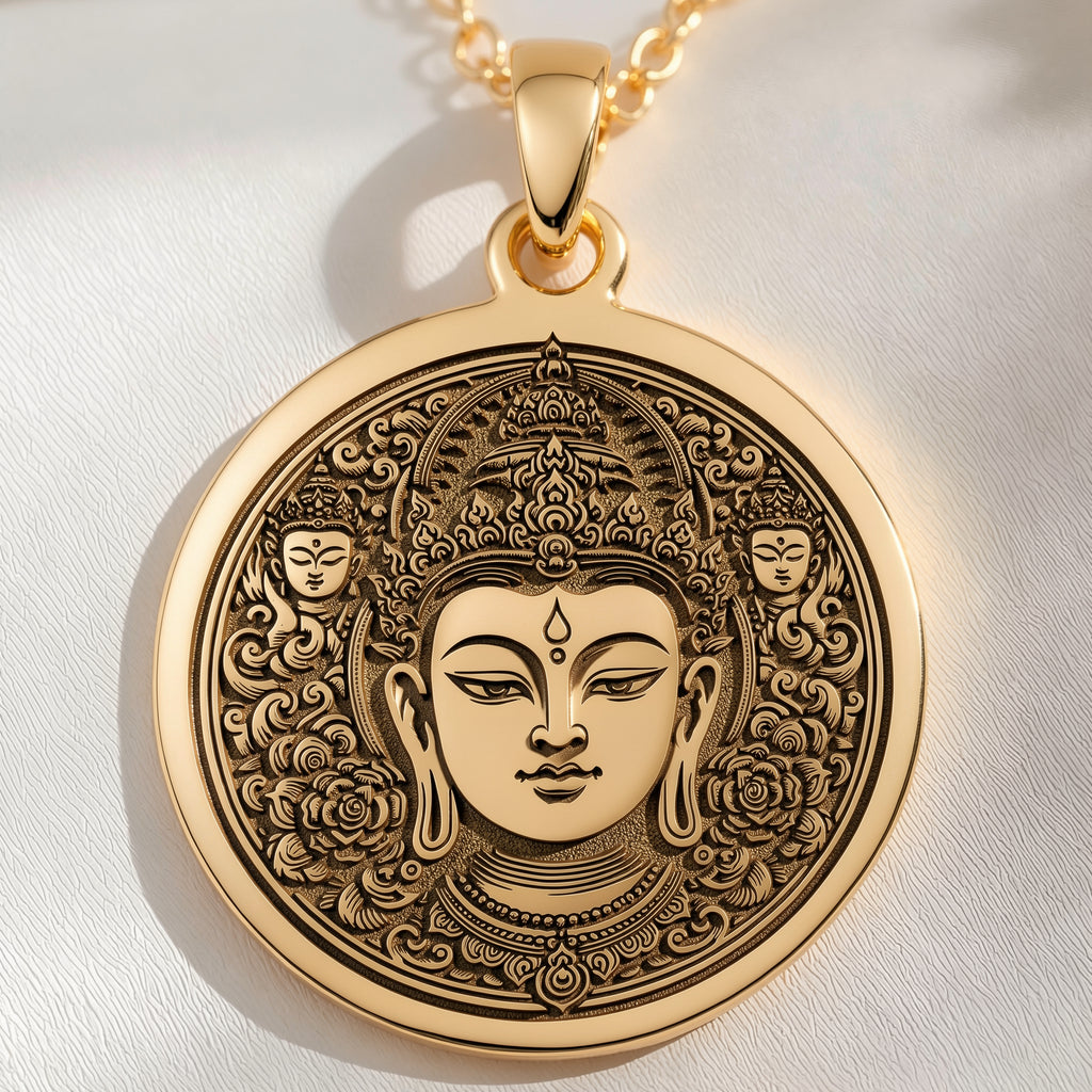 Green Tara Compassion Amulet Necklace Necklaces 14K 14K Gold Plated Buddha face pendant with surrounding faces in a circular design necklace