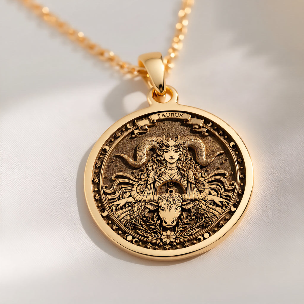 An elegant yellow yellow gold Taurus pendant. The beautiful engraving makes this a dainty and modern piece of horoscope jewelry.