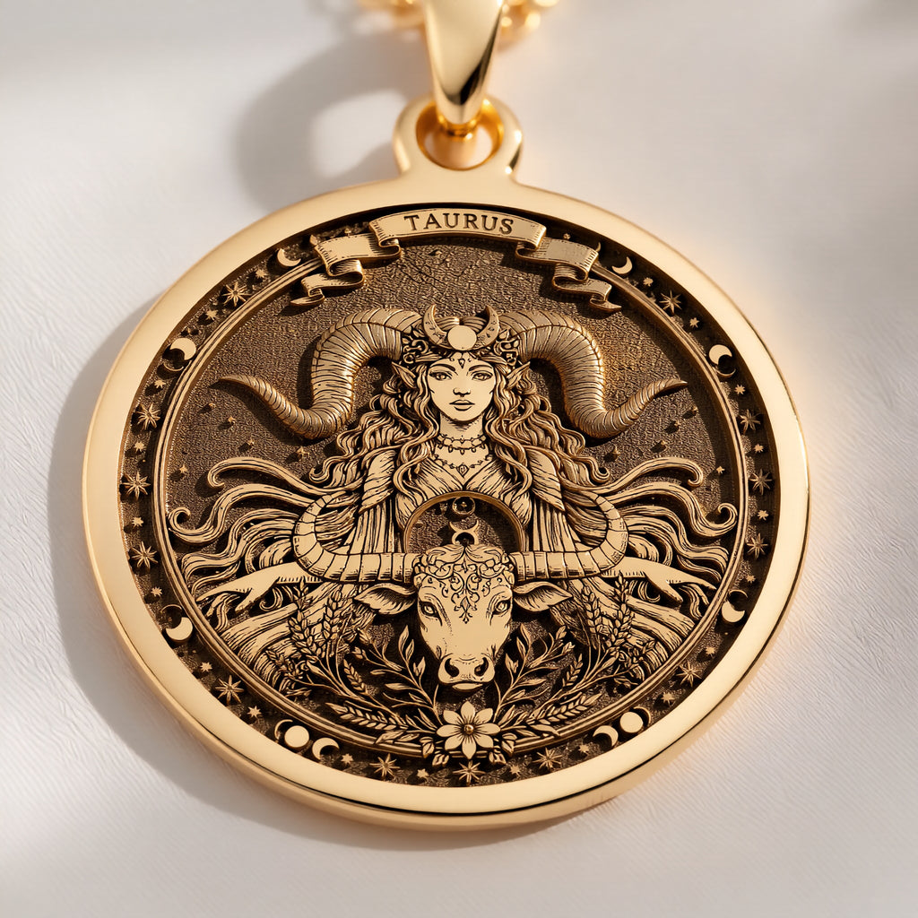 Taurus medallion. The art shows the bull-horned goddess, symbolizing stability, a precious April birthday gift.