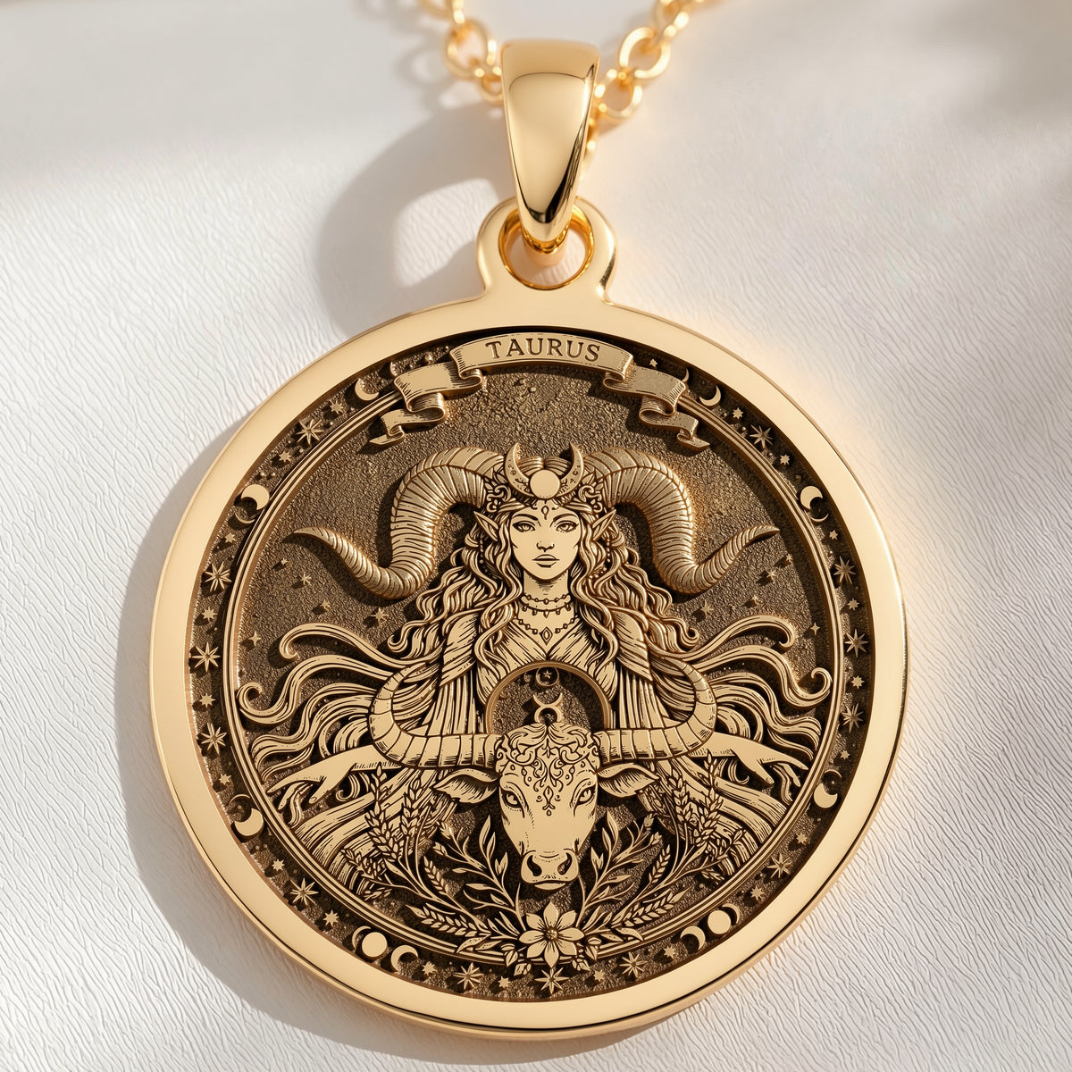 Taurus medallion. The art shows the bull-horned goddess, symbolizing stability, a precious April birthday gift.