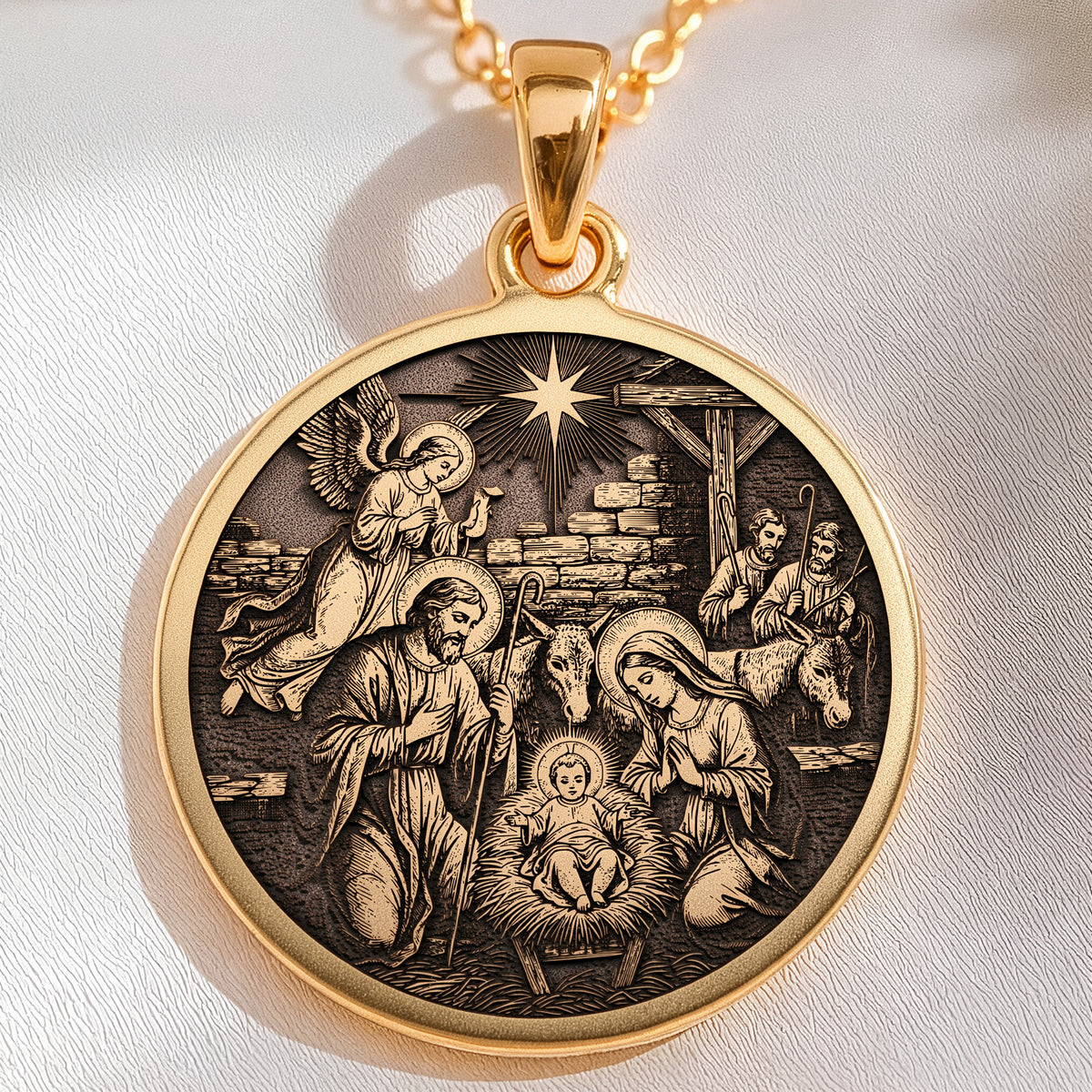 14K solid gold Nativity Scene Medallion pendant, detailed view 3.
