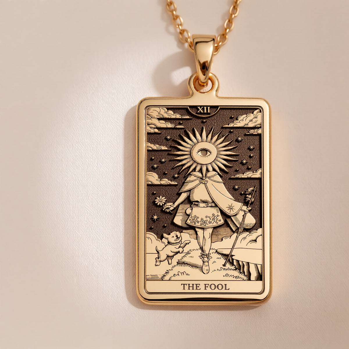14K solid gold The Fool Tarot card charm. Polished Major Arcana astrology jewelry for new beginnings.