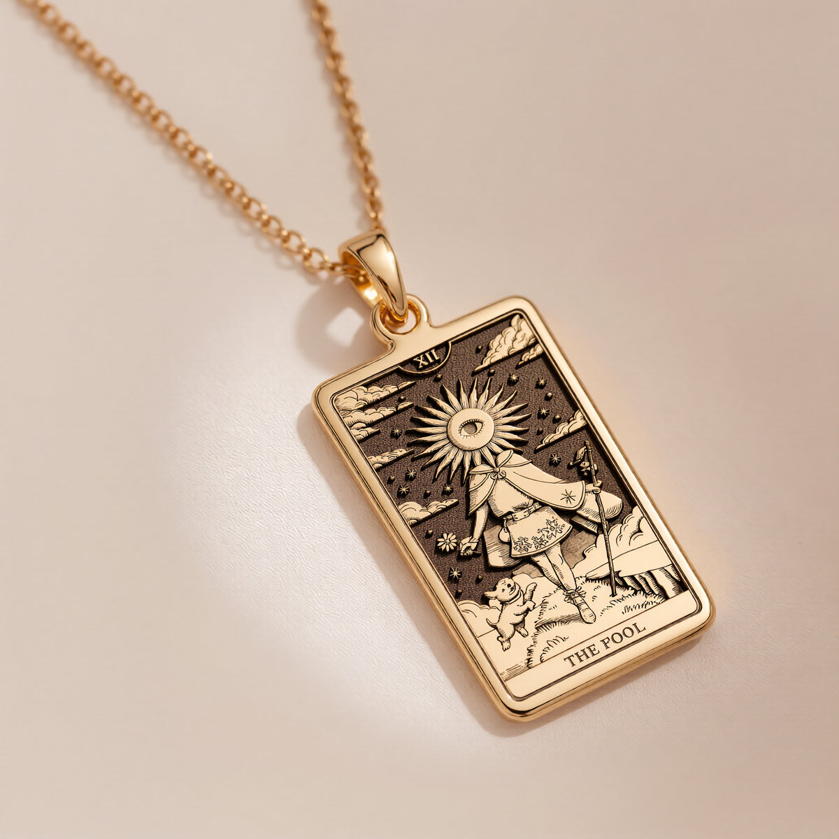 14K solid gold The Fool Tarot Card charm necklace. Polished major arcana astrology jewelry.