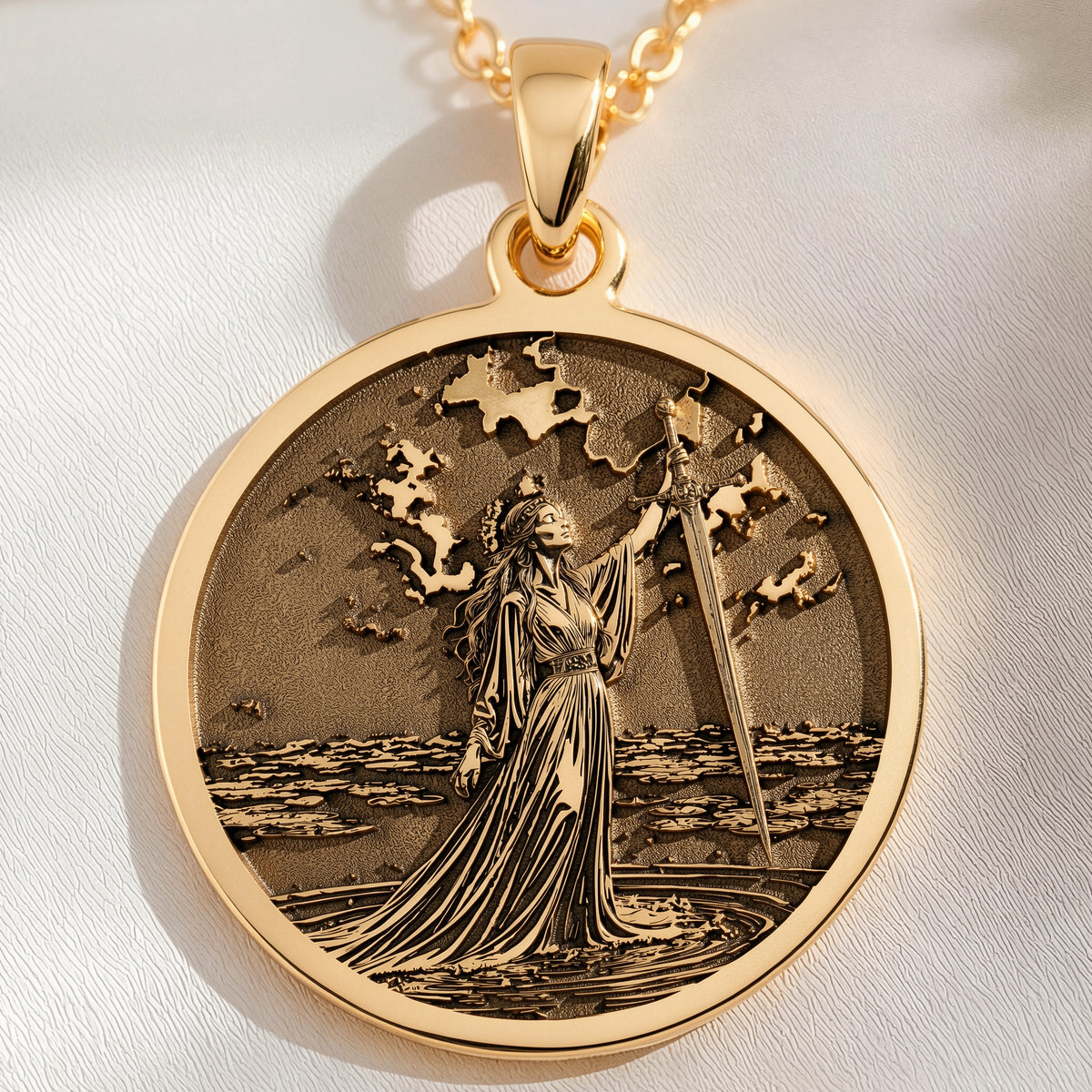 Lady of the Lake Excalibur Charm Necklace Necklaces 14K 14K Gold Plated pendant featuring a classical female figure with a sword over water and landscape.