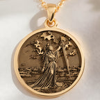 Lady of the Lake Excalibur Charm Necklace Necklaces 14K 14K Gold Plated pendant featuring a classical female figure with a sword over water and landscape.
