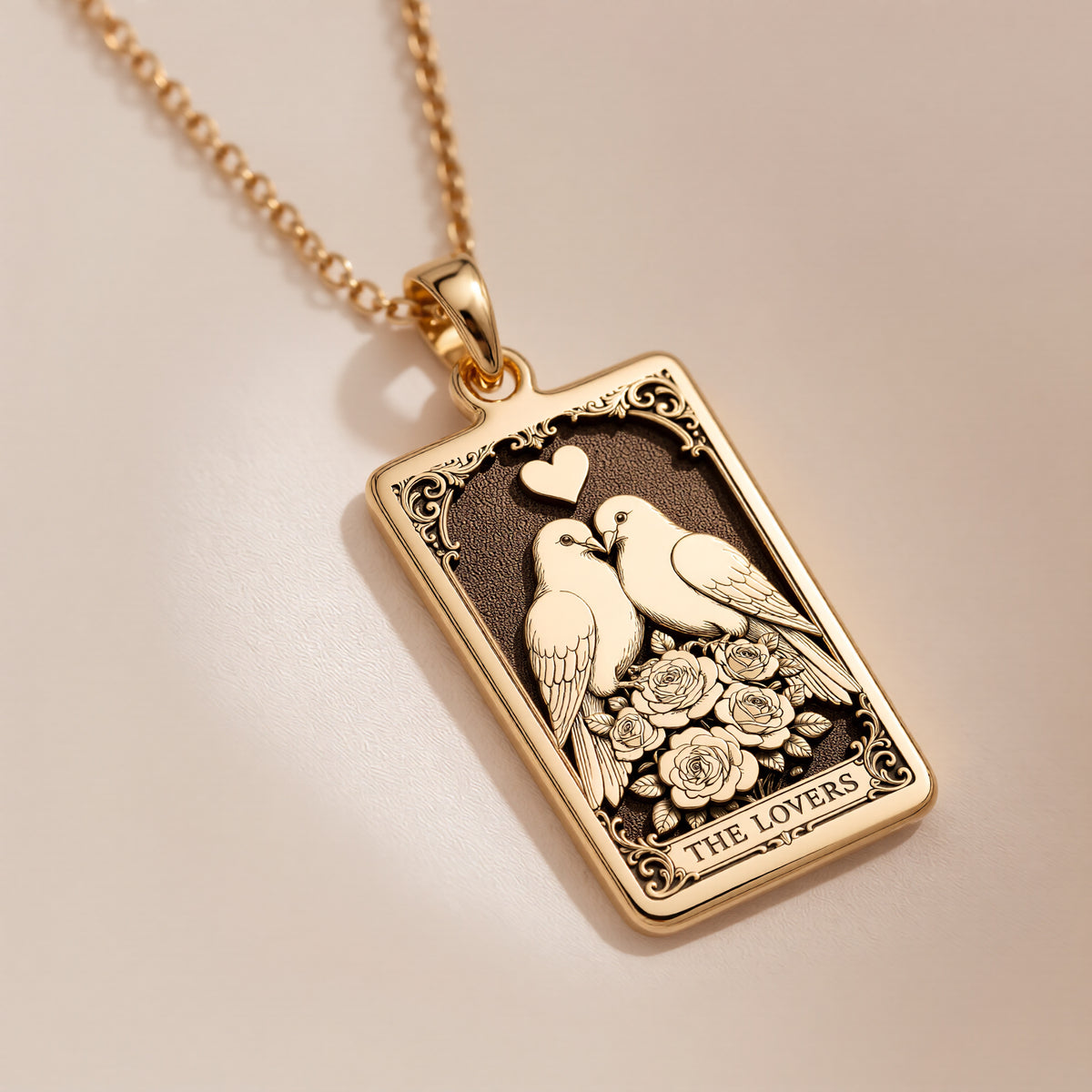 14K solid gold Lovers Tarot Lovebird Charm Necklace. Polished gold soulmate anniversary gift with delicate doves and the Lovers symbol.