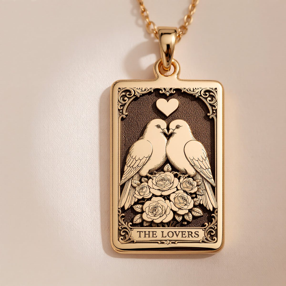 14K gold Lovers Tarot Lovebird Charm Necklace. Romantic soulmate anniversary jewelry featuring doves and roses. Gold pendant gift.