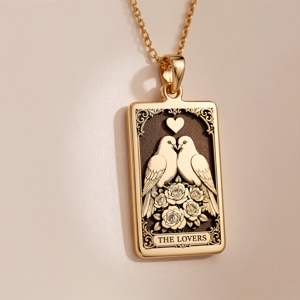 14K solid gold Lovers Tarot Lovebird Charm Necklace. Romantic soulmate gift jewelry featuring doves and floral design.