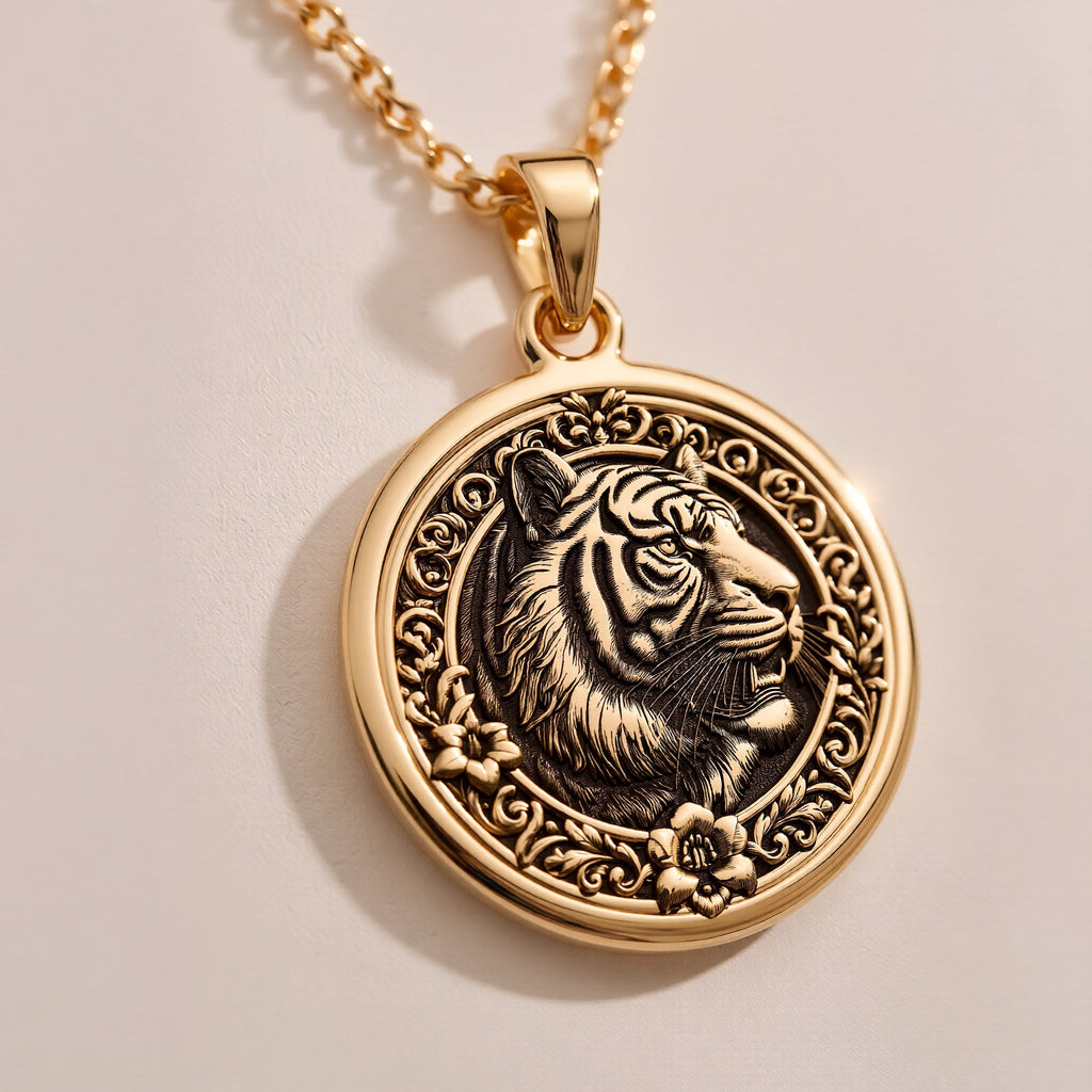 925 Sterling Silver Chinese Tiger pendant, with flowing celestial details. A spiritual silver zodiac necklace representing the Year of the Tiger.