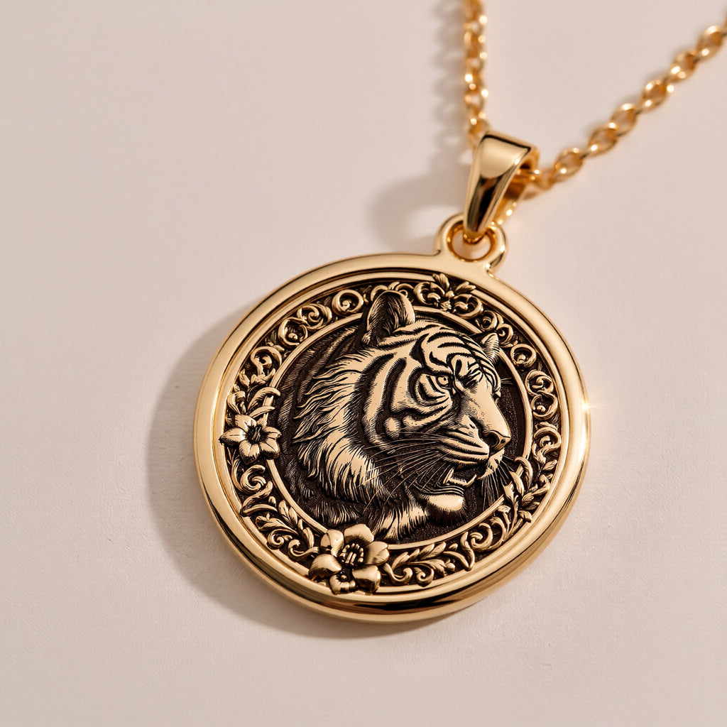 925 Sterling Silver tiger medallion, engraved in a traditional Chinese style. A powerful zodiac animal necklace symbolizing confidence and protection.