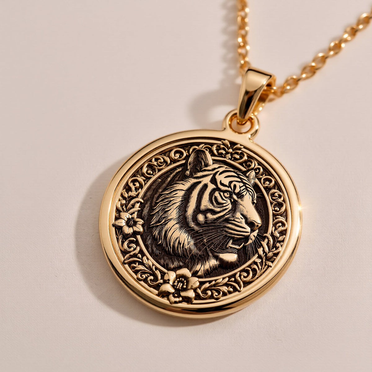 925 Sterling Silver tiger medallion, engraved in a traditional Chinese style. A powerful zodiac animal necklace symbolizing confidence and protection.