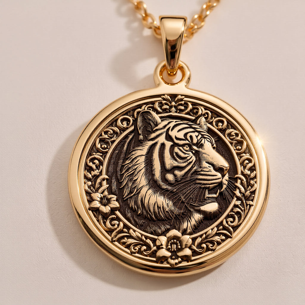 Rose Gold Plated Tiger pendant, featuring celestial motifs and fierce expression. A rose gold zodiac charm for those born under the Tiger sign.