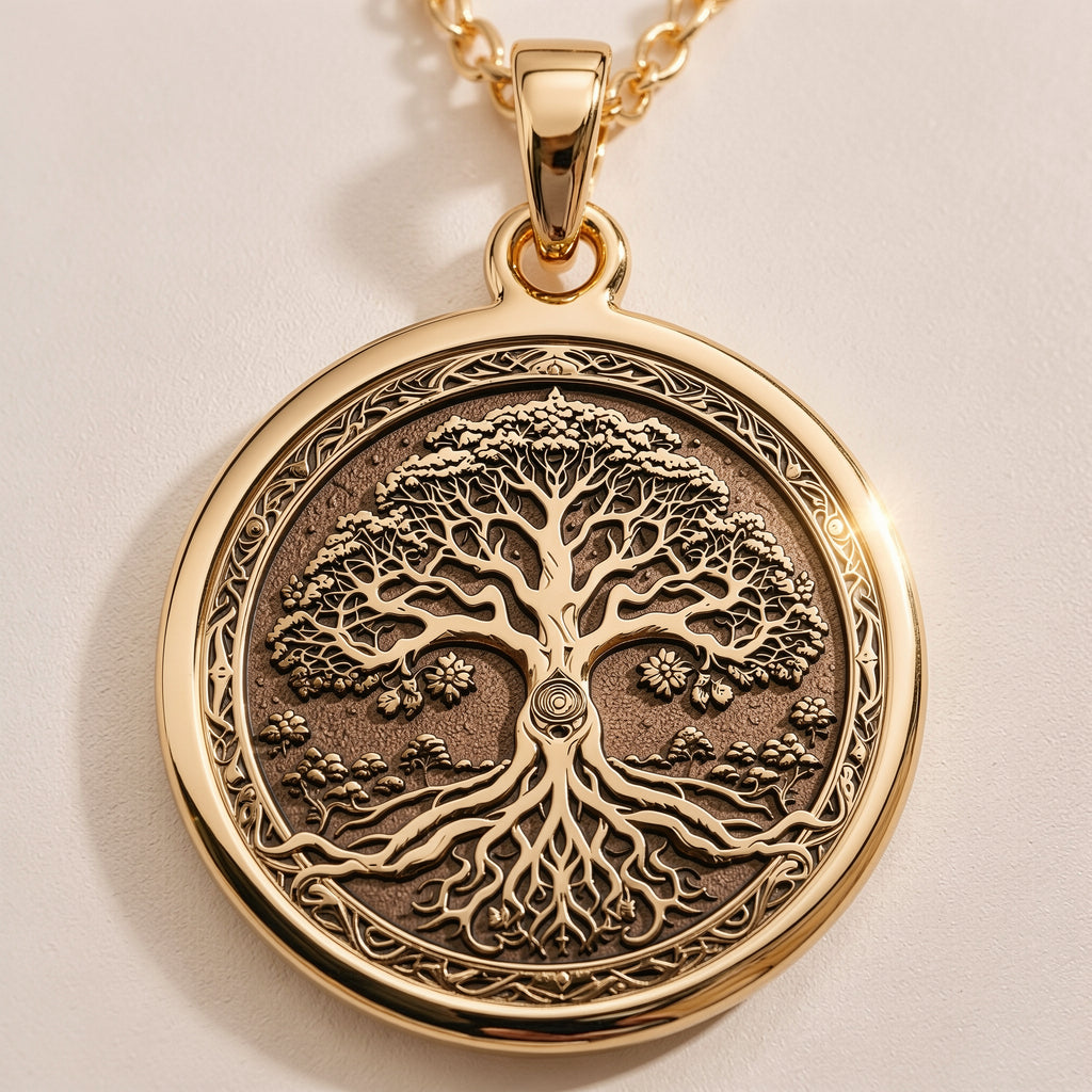 Gold Tree of Life Pendant, Gold Yggdrasil Necklace, Gold Bodhi Tree Jewelry, Gold Tree of Knowledge Charm, Gold Kalpavriksha Pendant, Gold Spiritual Necklace, Gold Cosmic Tree Jewelry, Gold Symbolic Growth Charm, Gold Nature Pendant, Gold Charm