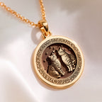 14K solid gold Twin Feline Cats Memorial Necklace: round  two engraved tabby cats surro...