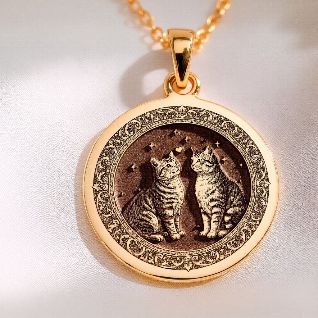 14K solid gold Twin Feline Cats Memorial Necklace: round  two tabby cats sitting facing...