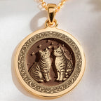 14K solid gold Twin Feline Cats Memorial Necklace: round  two tabby cats facing each ot...