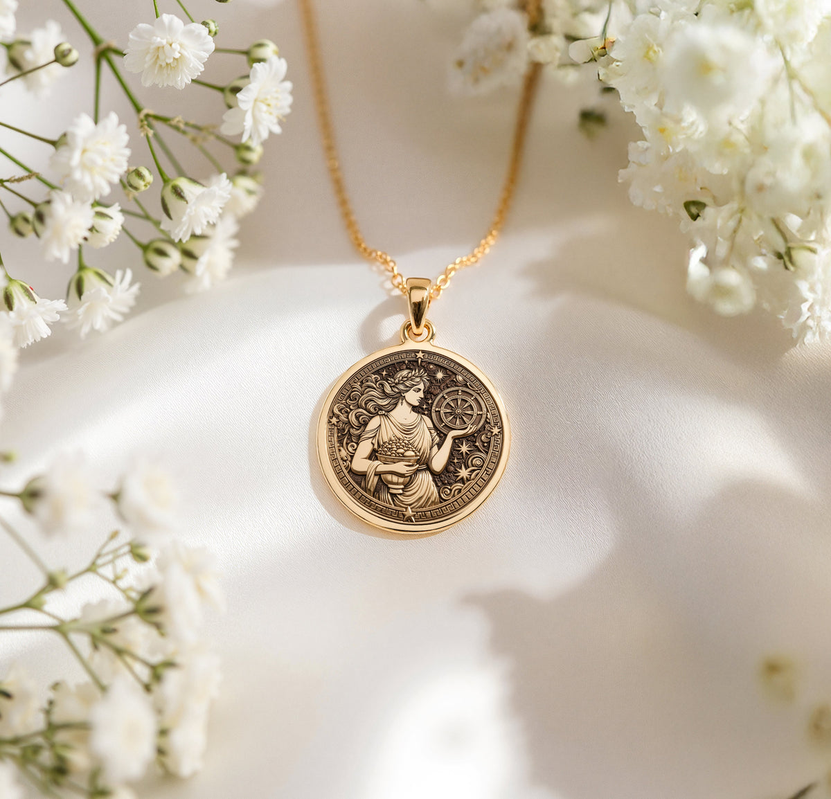 Elegant Tyche pendant in 14K Gold Plated, inspired by ancient Greek mythology. This fortune goddess necklace is a stunning celestial medallion, ideal for those who love gold plated astrology jewelry and symbolic coin charms.