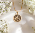 Elegant Tyche pendant in 14K Gold Plated, inspired by ancient Greek mythology. This fortune goddess necklace is a stunning celestial medallion, ideal for those who love gold plated astrology jewelry and symbolic coin charms.