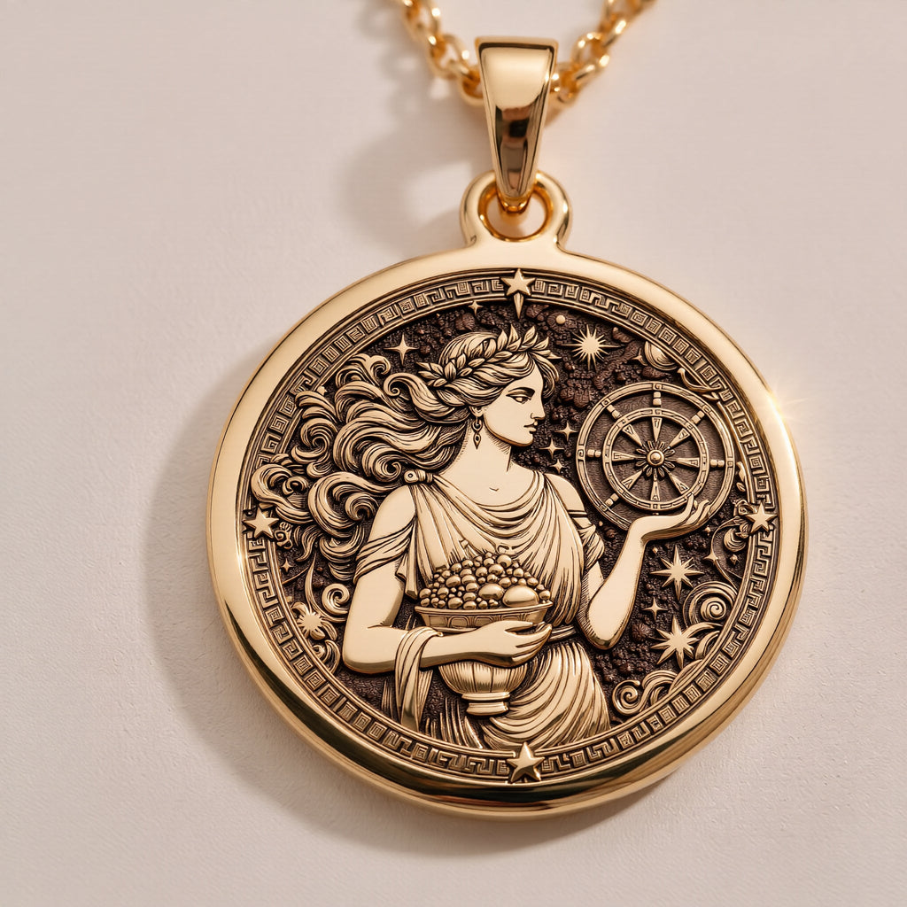 Sterling Silver Greek goddess Tyche pendant, engraved with celestial details. A timeless mythology coin necklace, perfect as a lucky charm or silver astrology medallion for history and spirituality lovers.