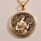 Sterling Silver Greek goddess Tyche pendant, engraved with celestial details. A timeless mythology coin necklace, perfect as a lucky charm or silver astrology medallion for history and spirituality lovers.