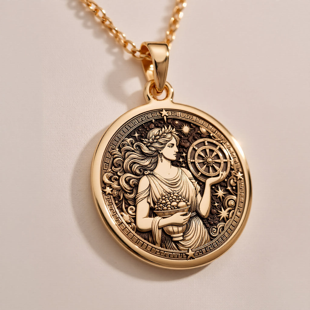 Sterling Silver Greek goddess Tyche pendant, engraved with celestial details. A timeless mythology coin necklace, perfect as a lucky charm or silver astrology medallion for history and spirituality lovers.