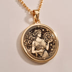 Sterling Silver Greek goddess Tyche pendant, engraved with celestial details. A timeless mythology coin necklace, perfect as a lucky charm or silver astrology medallion for history and spirituality lovers.