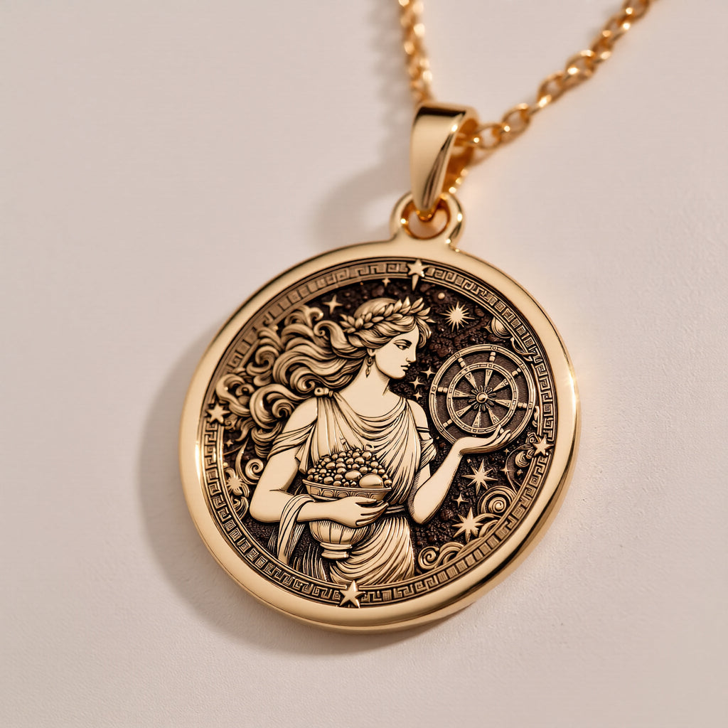 Beautiful Rose Gold Plated Tyche necklace, featuring a detailed Greek goddess medallion. A unique fortune charm pendant, blending celestial elegance and mythology, ideal for astrology lovers and symbolic jewelry collectors.