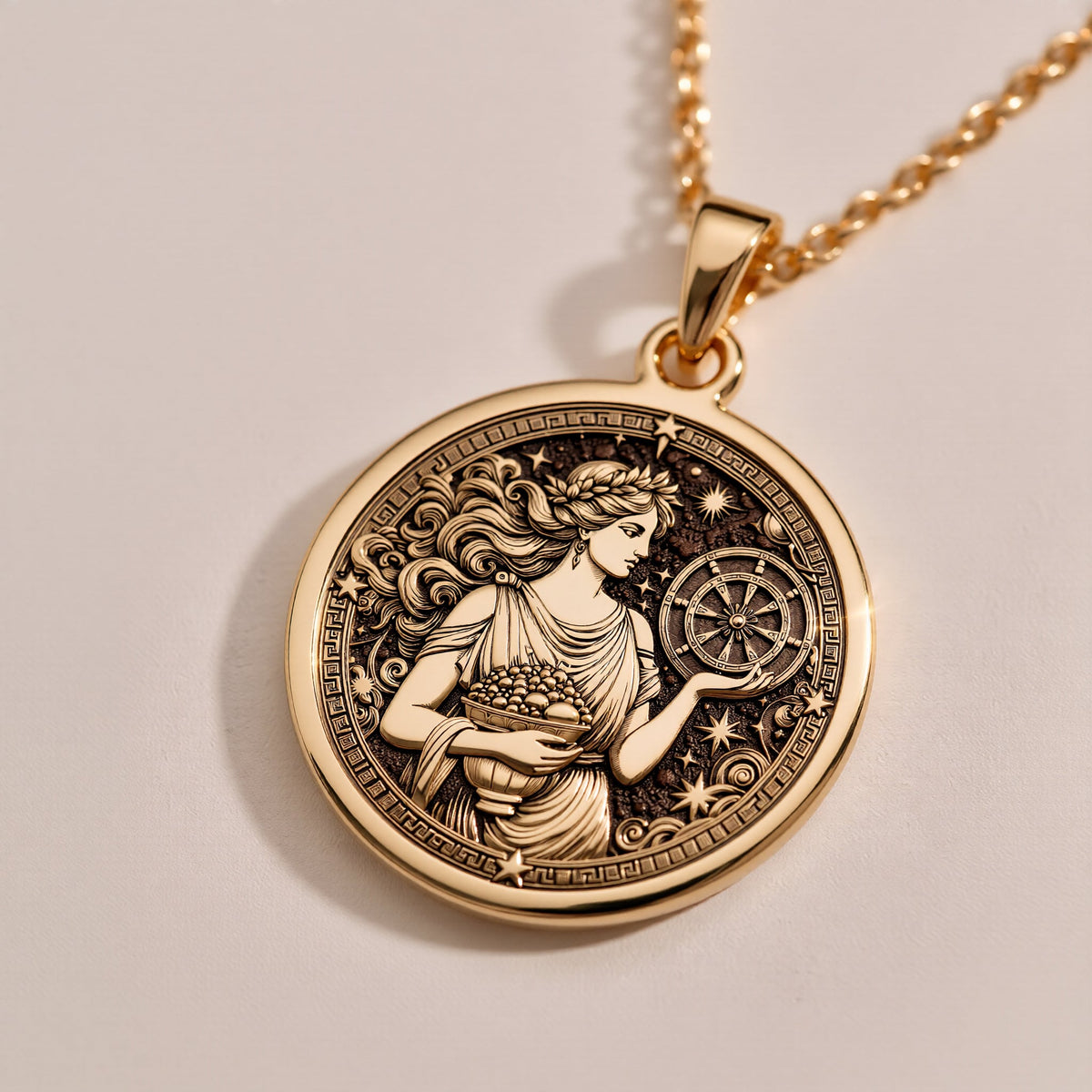 Beautiful Rose Gold Plated Tyche necklace, featuring a detailed Greek goddess medallion. A unique fortune charm pendant, blending celestial elegance and mythology, ideal for astrology lovers and symbolic jewelry collectors.