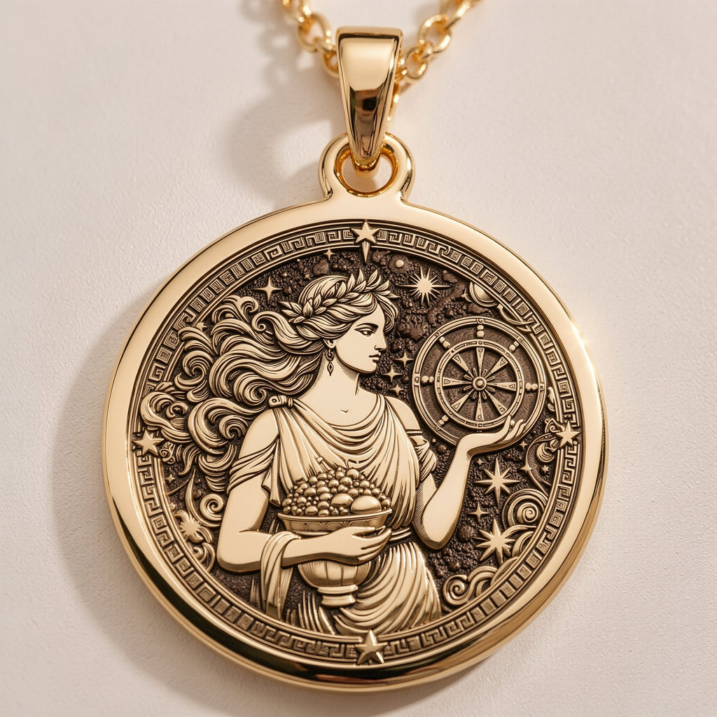 Tyche Goddess Fortune Coin Medallion Necklaces size chart with pendant dimensions and chain length options
