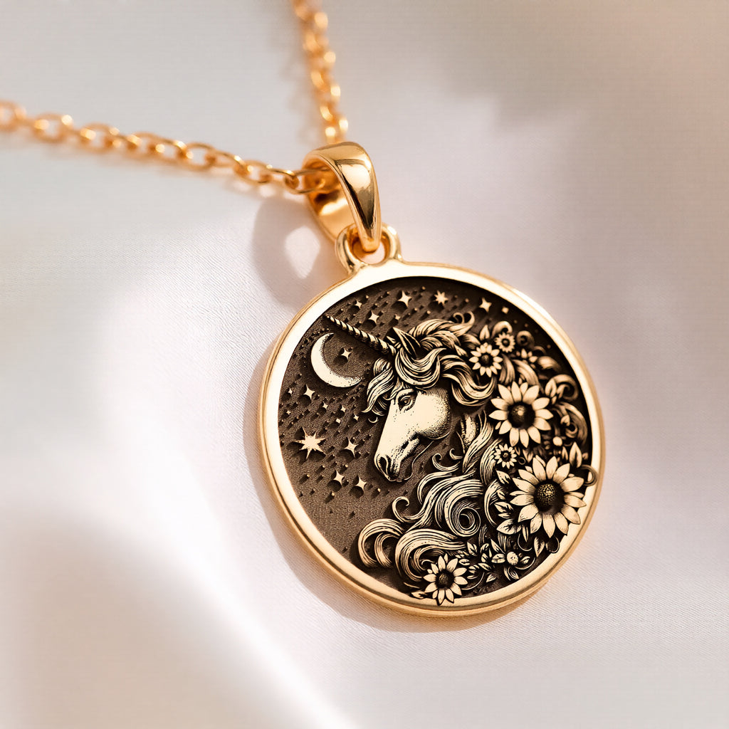 Magic Unicorn Floral Charm Pendant Necklaces 14K 14K Gold Plated unicorn face pendant with floral and star details necklace