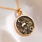 Magic Unicorn Floral Charm Pendant Necklaces 14K 14K Gold Plated unicorn face pendant with floral and star details necklace