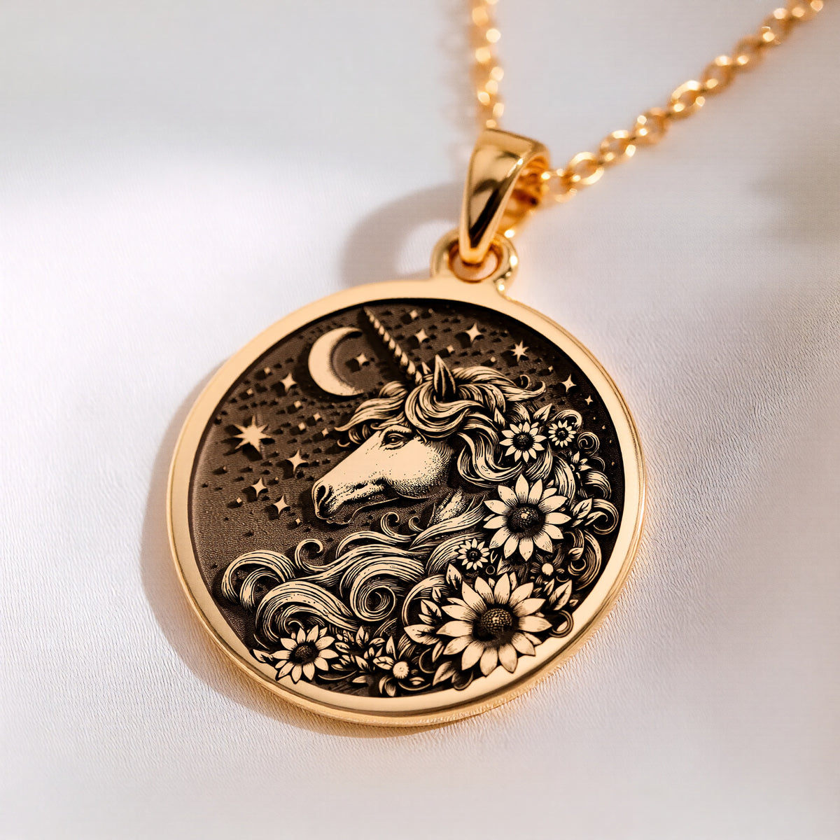 Magic Unicorn Floral Charm Pendant Necklaces 14K 14K Gold Plated pendant necklace featuring a horse face surrounded by floral wreath and stars.